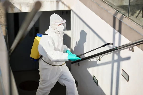 Man Hazmat Suit Disinfecting Public Passages Prevent Further Spread Coronavirus — Stock fotografie