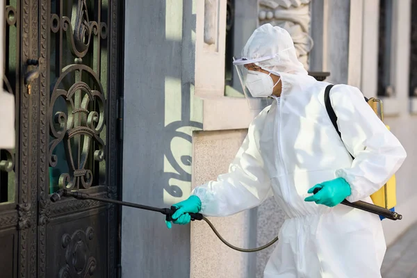 Sanitation Worker Hazmat Suit Doing Disinfection City Covid Epidemic — Stock fotografie