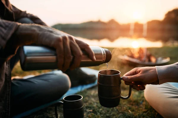 Close Men Enjoying Hot Drink While Fishing Sunset — 图库照片