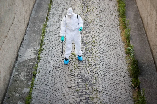 High Angle View Disinfection Worker Hazmat Suit Doing Decontamination City — Stock fotografie
