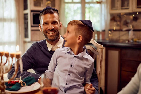 Happy Father Son Wearing Yarmulke While Celebrating Hanukkah Dining Table — 스톡 사진