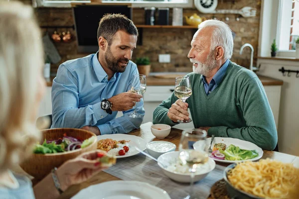 Young Man His Senior Father Drinking Wine Communicating While Having — Foto de Stock
