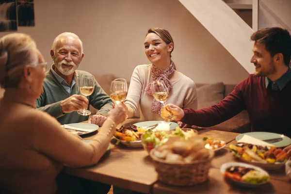 Happy Family Having Fun While Toasting Wine Meal Dining Table — Stock Fotó