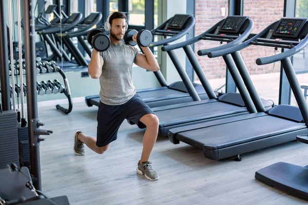 Young Athletic Man Having Weight Training Lunge Position Gym — Photo