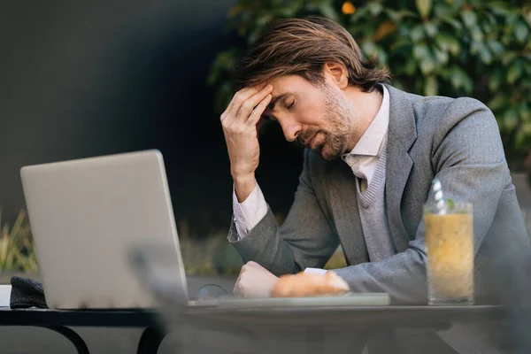 Tired Businessman Having Headache While Sitting Eyes Closed Outdoor Cafe — Foto de Stock