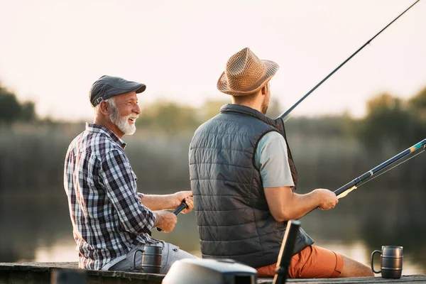 Happy Mature Man His Son Talking While Fishing Pier — Φωτογραφία Αρχείου