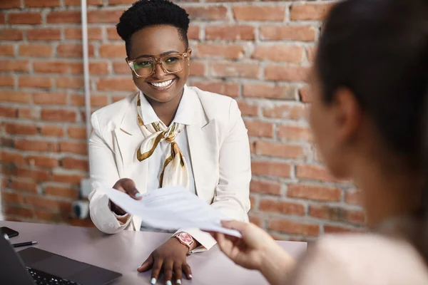 Happy African American Human Resource Manager Taking Resume Female Job — Stock Fotó
