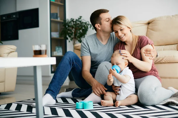 Young Happy Parents Enjoying Baby Boy Who Playing Toys Floor — Stok Foto
