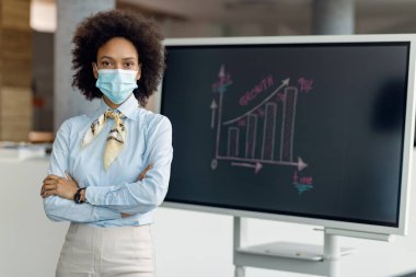 Confident African American businesswoman with crossed arms wearing protective face mask and looking at camera. 