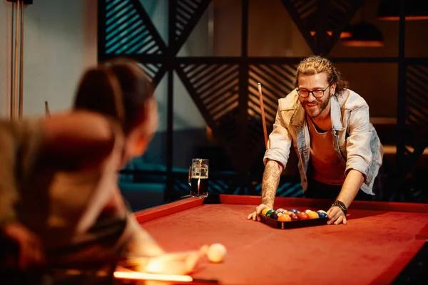 Happy Man Arranging Pool Balls Triangle While Playing Billiard His — Stok fotoğraf