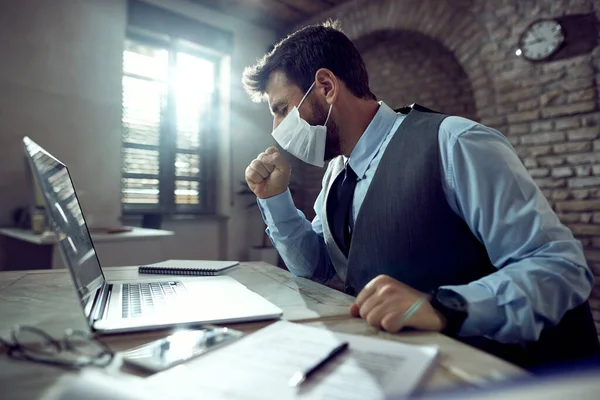 Sick Businessman Wearing Face Mask Coughing While Working Computer Office — Photo