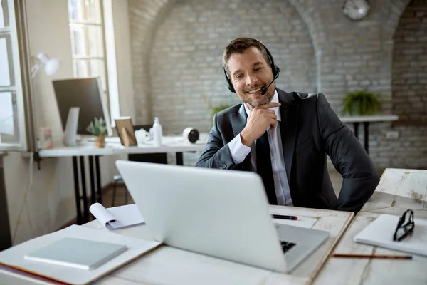 Happy Businessman Using Computer Having Online Meeting While Working Office — Stock Fotó