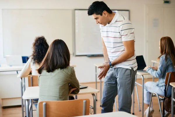 Male Professor Helping His Student Learning Laptop Computer Class High — Stok Foto