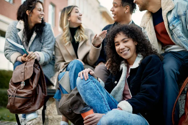 Multi Ethnic Group College Friends Having Fun While Talking Outdoors — Fotografia de Stock