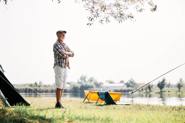 Happy Senior Man Enjoying While Fishing Camping Day Lake Copy — Foto Stock