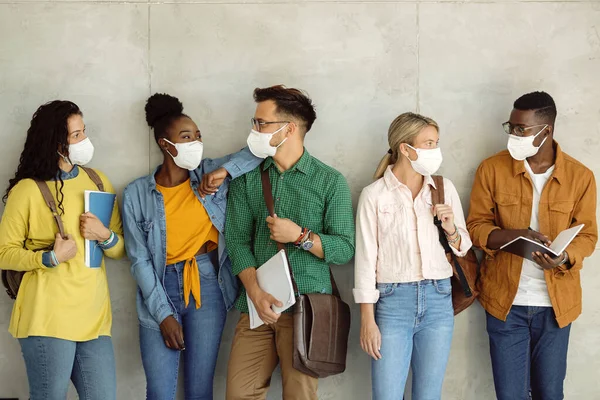 Multi Ethnic Group College Friends Communicating While Wearing Protective Face — Stock Photo, Image