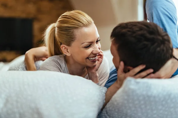 Happy Woman Talking Her Boyfriend While Relaxing Bedroom Morning — Foto Stock