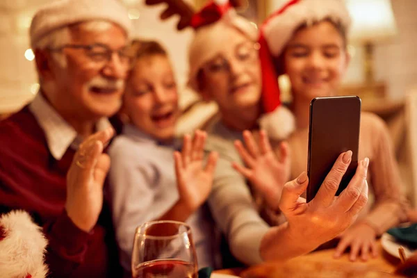 Close Senior Couple Grandkids Using Mobile Phone While Having Video — Photo