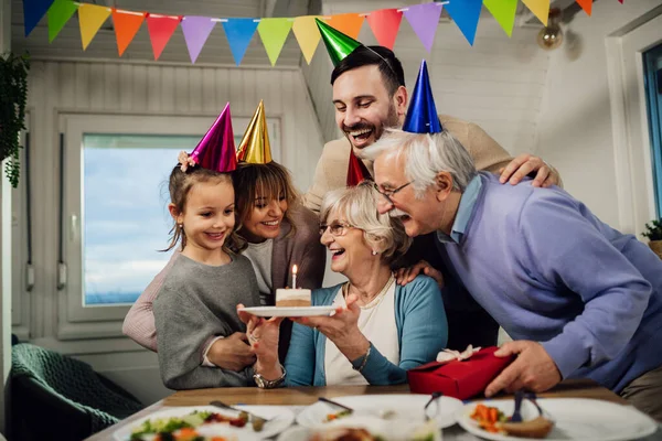 Happy Senior Woman Having Fun Her Extended Family Birthday Party — стоковое фото