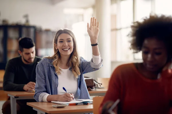 Happy Student Raising Her Arm Answer Question Class University Classroom —  Fotos de Stock