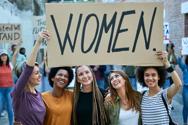 Multi Ethnic Group Happy Females Holding Banner Women Inscription While — Stock Photo, Image