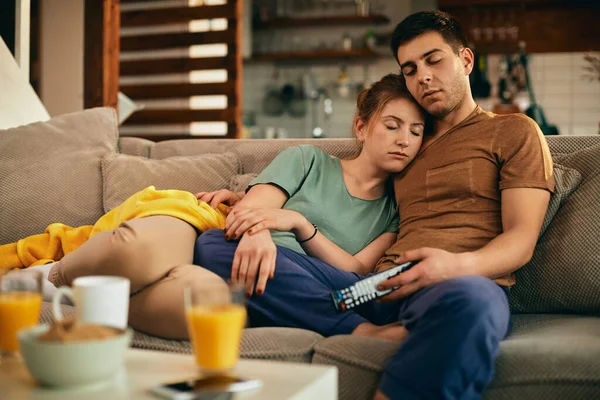 Young Couple Feel Sleep While Watching Living Room — 스톡 사진
