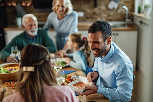 Young Happy Couple Having Family Lunch Dining Room Focus Man — Foto Stock
