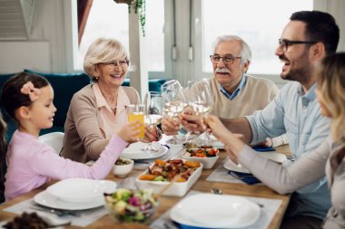 Happy multi-generation family toasting and having fun during lunch time. Focus is on senior couple. 