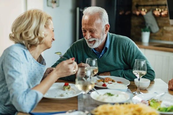 Happy Mature Man His Wife Talking While Having Lunch Together — Foto Stock