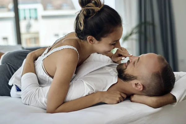 Happy Woman Having Fun Her Boyfriend Touching His Nose While — Foto Stock