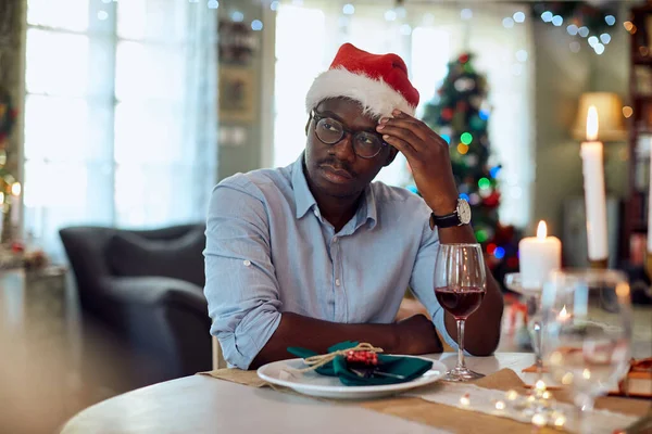 Pensive African American Man Feeling Sad While Sitting Alone Dining — Stockfoto