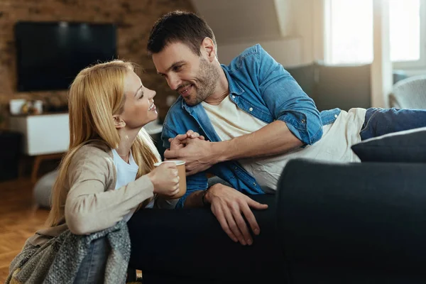 Young Couple Love Holding Hands Communicating While Relaxing Living Room — Stockfoto