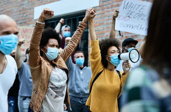 Multi Ethnic Crowd People Protective Face Masks Protesting City Streets — Stock Fotó