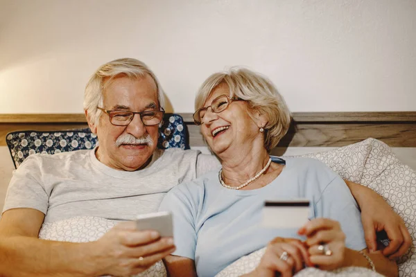 Happy Senior Couple Having Fun While Buying Internet Mobile Phone — Photo