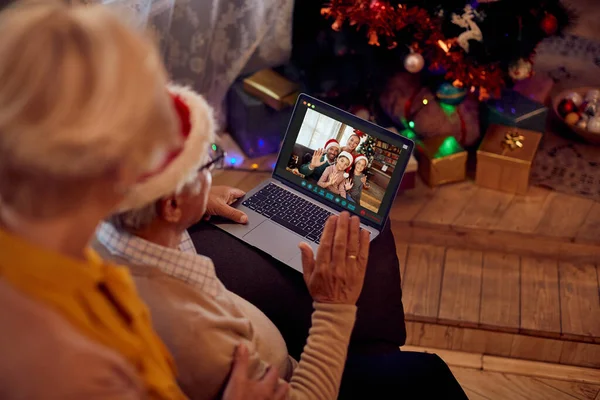 Close Happy Multi Generation Family Having Video Call Laptop Christmas — Photo