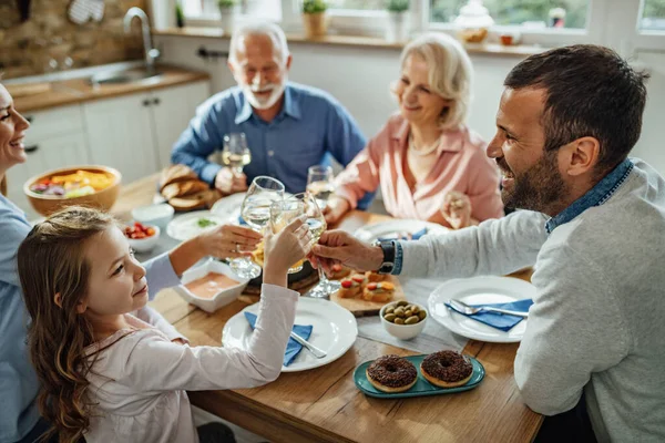 Happy Father His Small Daughter Toasting While Having Family Lunch — Foto Stock