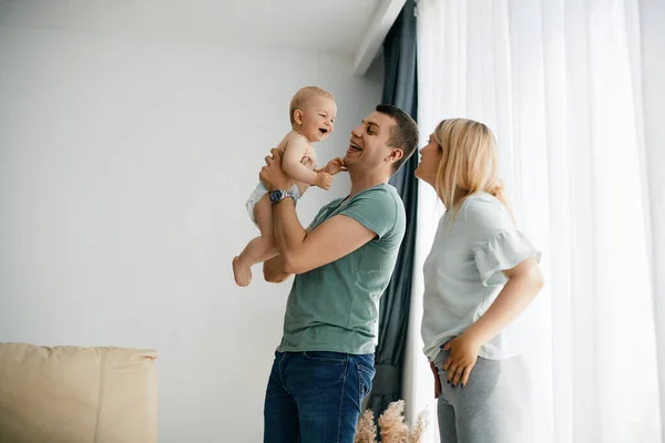 Happy Parents Having Fun While Spending Time Baby Boy Home — Fotografia de Stock