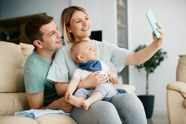 Young Happy Parents Taking Selfie Baby Boy While Spending Time — Stok Foto