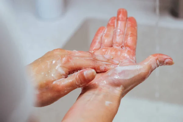 Close Woman Washing Hands Soap Bathroom — Stockfoto