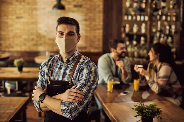 Portrait Confident Waiter Protective Face Mask Standing Crossed Arms Cafe — 스톡 사진