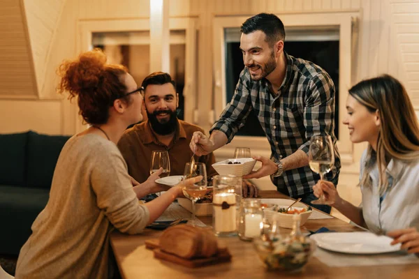 Small Group Happy Friends Eating Together Dining Table Focus Man — Fotografia de Stock