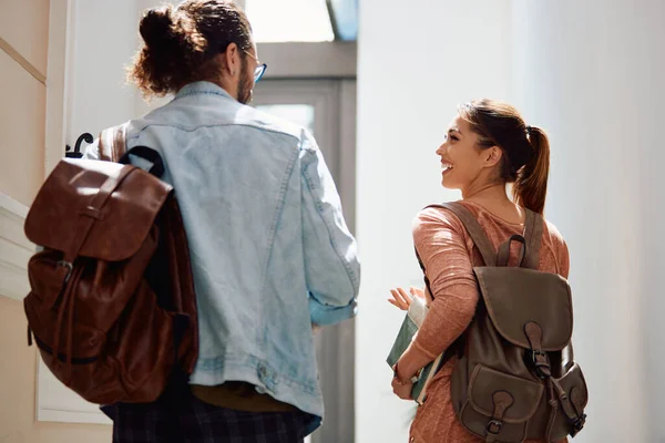 Happy College Students Communicating While Walking Hallway Lecture — Photo