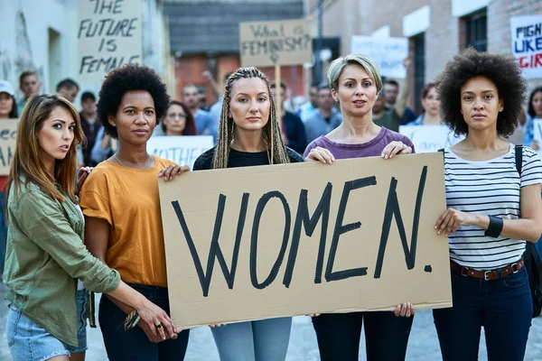 Group Females Holding Banner Inscription Women While Participating Street Demonstrations — Stock Fotó