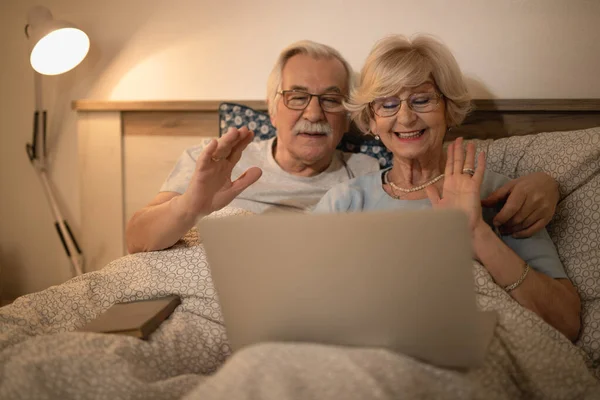 Happy Mature Couple Greeting Someone While Making Video Call Laptop — Photo