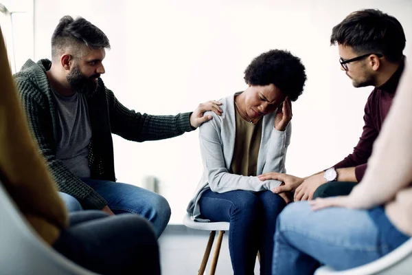 Supportive Members Group Therapy Consoling Sad African American Woman Psychotherapy — Stock Fotó