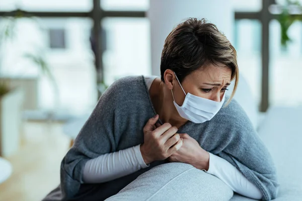 Young Woman Feeling Sick Having Chest Pain While Coughing Home — 스톡 사진