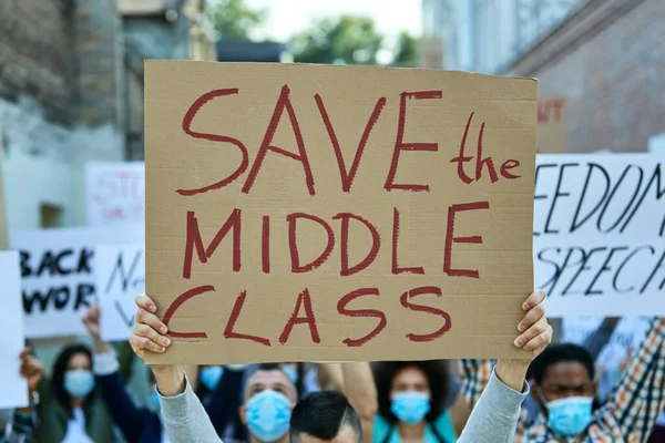Close Protester Holding Banner Middle Class Inscription Protest Coronavirus Pandemic — Zdjęcie stockowe