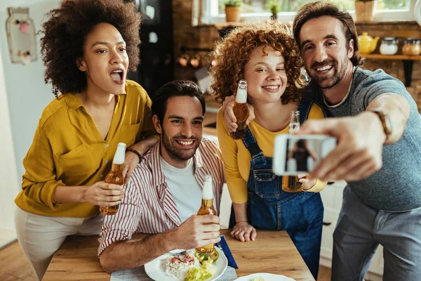 Group Young Happy People Having Fun While Taking Selfie Drinking — Foto de Stock