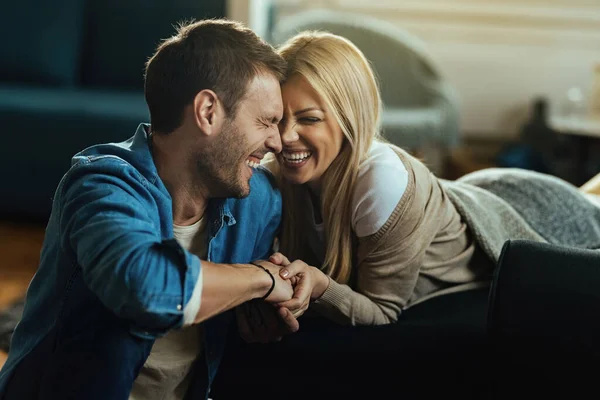 Happy Couple Laughing While Talking Something Funny Home — Stockfoto