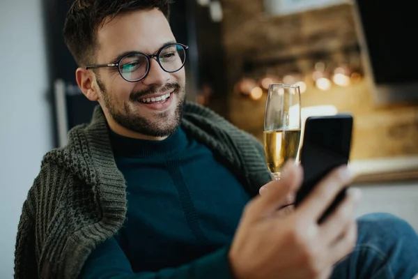 Young Happy Man Drinking Champagne While Having Virtual Date Mobile — 图库照片
